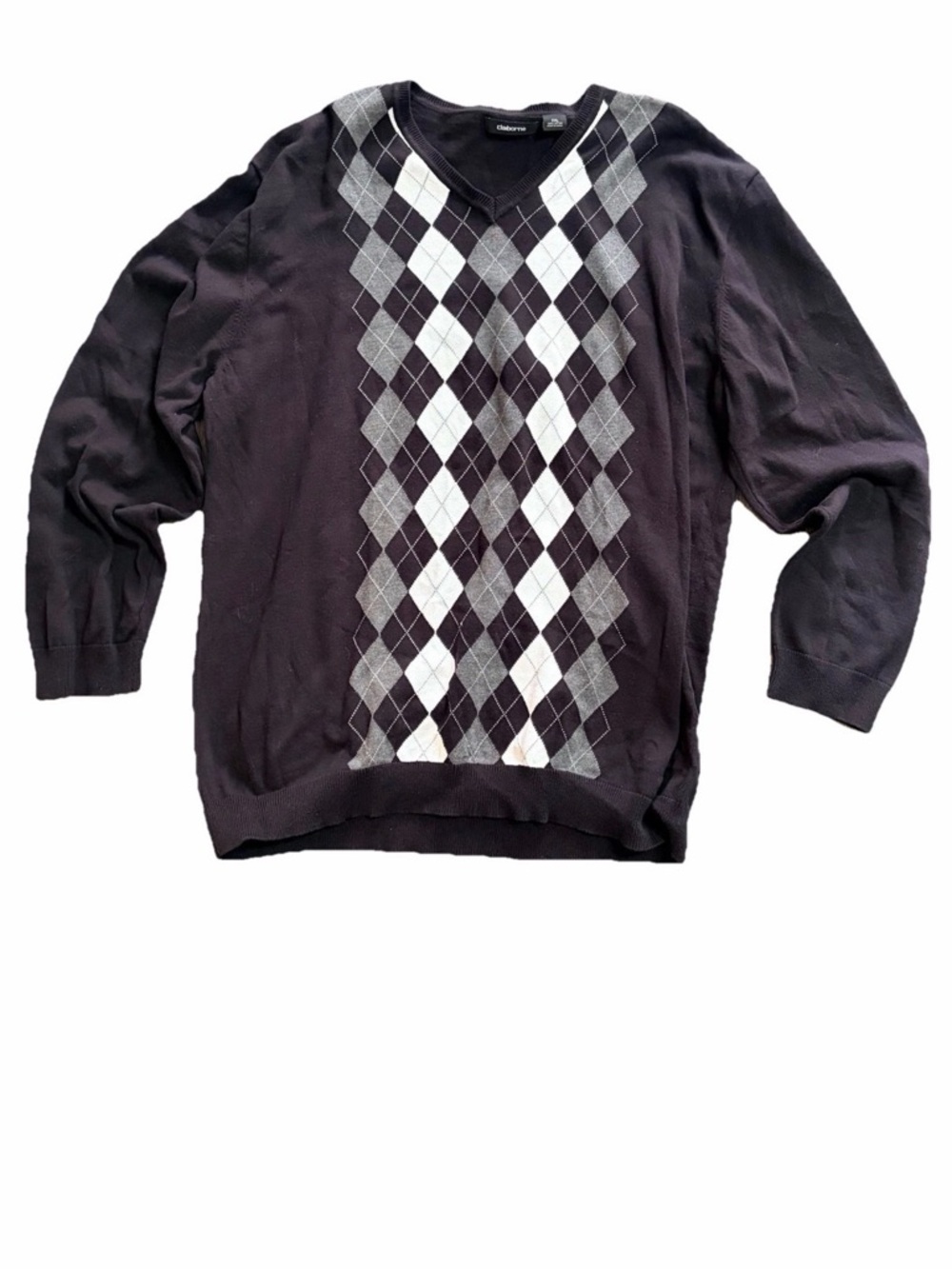 Claiborne Mens‎ Sweater XXL Black/Gray Argyle Diamond V Neck 100% Cotton